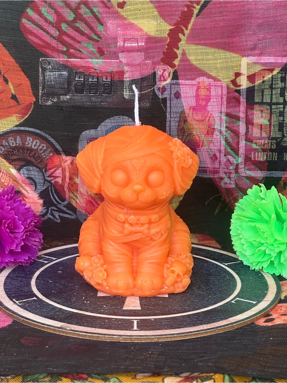 Handmade Orange Mummy Puppy Candle – Halloween Dog Figurine Candle